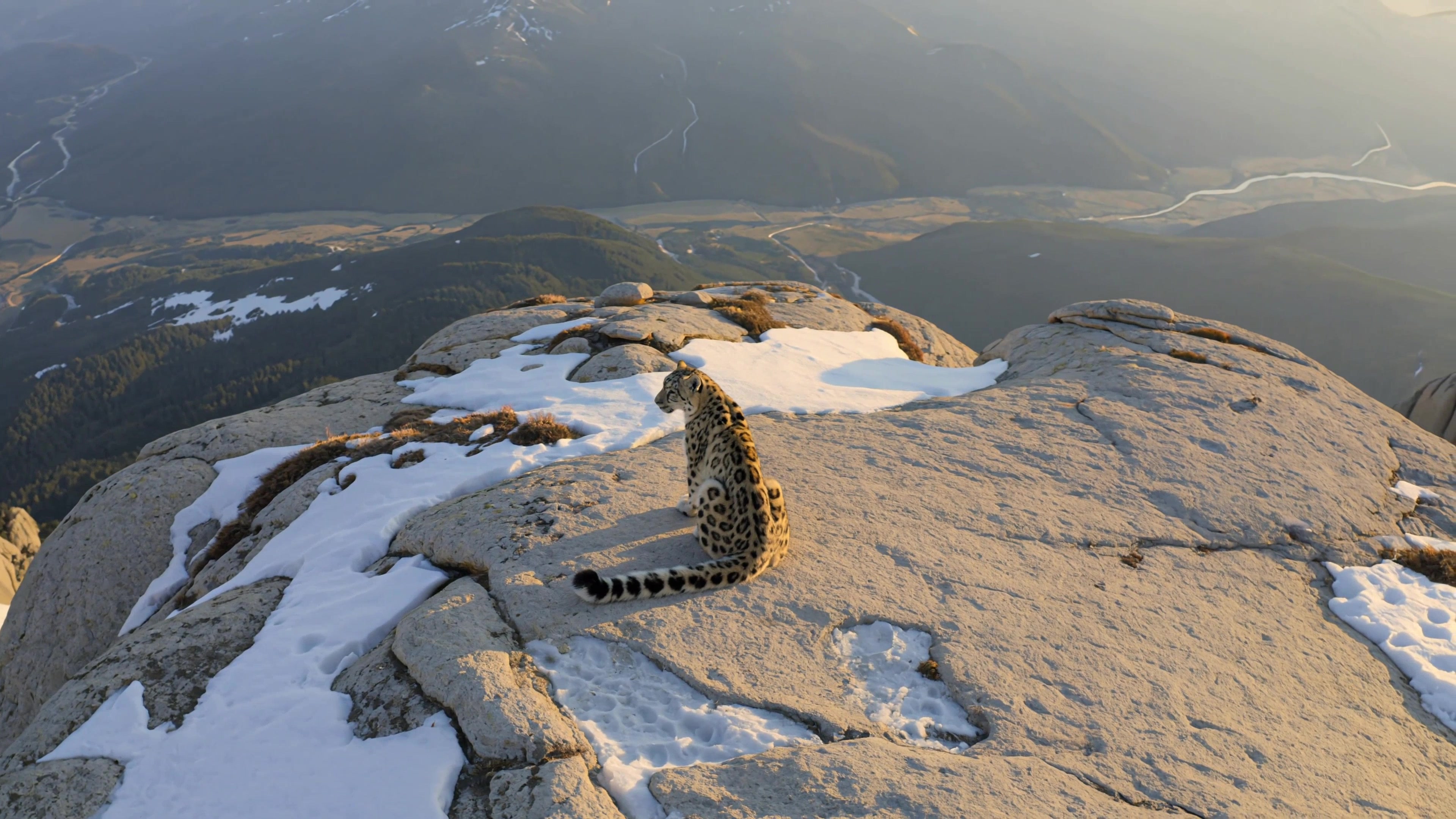 Snow leopard watching from elevation — the perspective the cancellation chain only acquires from one level above